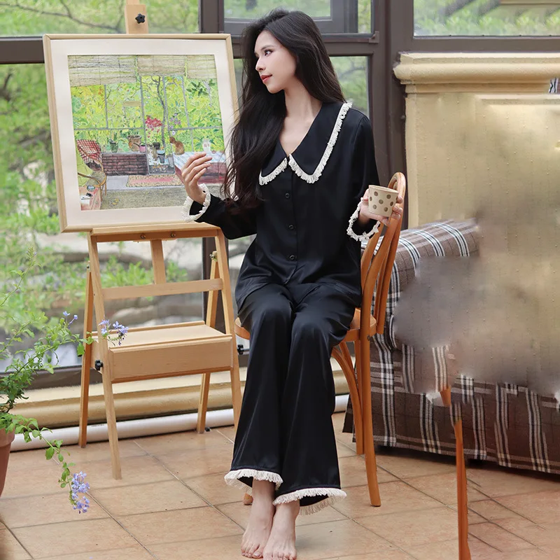 

Женская милая одежда для сна с кукольным воротником, атласная пижама, шелковистый комплект из 2 предметов, одежда для дома, повседневная однотонная ночная рубашка, рубашка и брюки