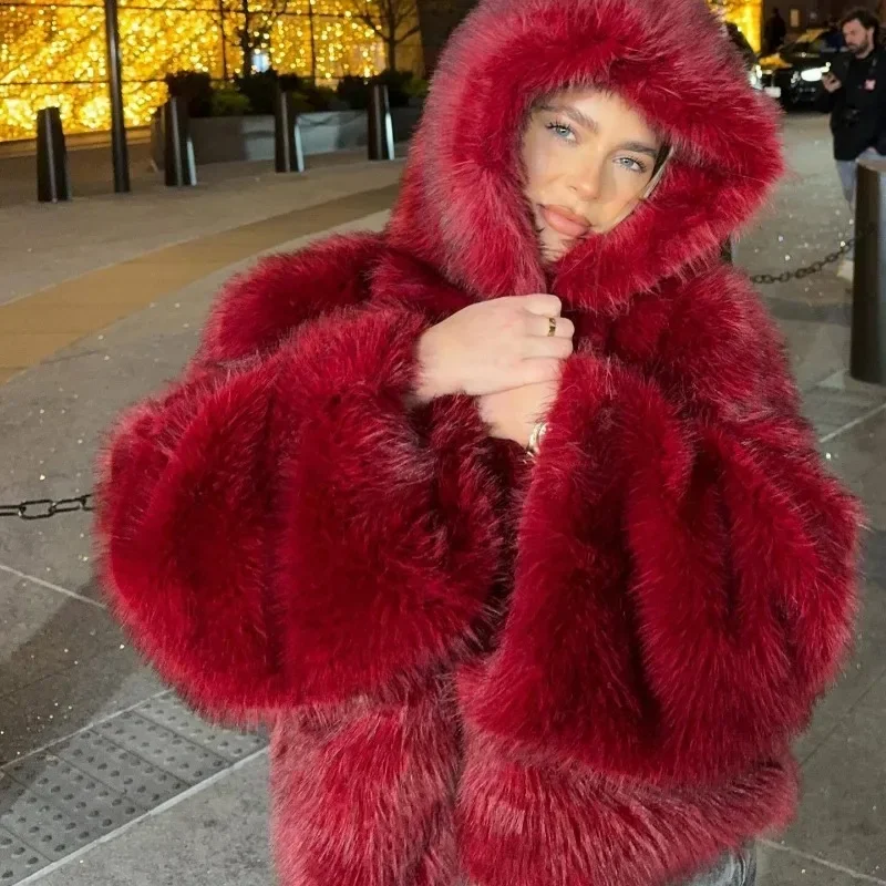 Solid Color Hooded Imitation Fur Coat Europe and The United States Imitation Eye-catching Enthusiasm Warm Comfortable Fashion