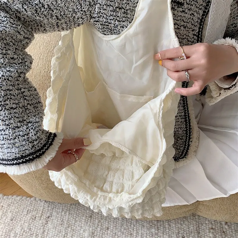 Bolso de hombro plisado de nube de burbujas para mujer, bolso de tela suave, bolso informal, bolso de compras de lona ligero, bolso para libros