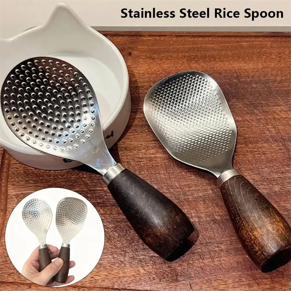 1Pcs Stainless Steel Rice Spoon Nonstick Zebrawood Wooden Handle Rice Spatula Standable Anti-scalding Rice Scooper
