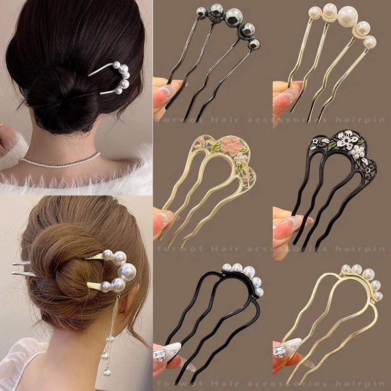 Peines de tenedor para el cabello en forma de U de Metal, palillos para el cabello con borlas de perlas, horquillas para el cabello para mujer y niña, accesorios para el cabello, herramienta de adorno de estilismo