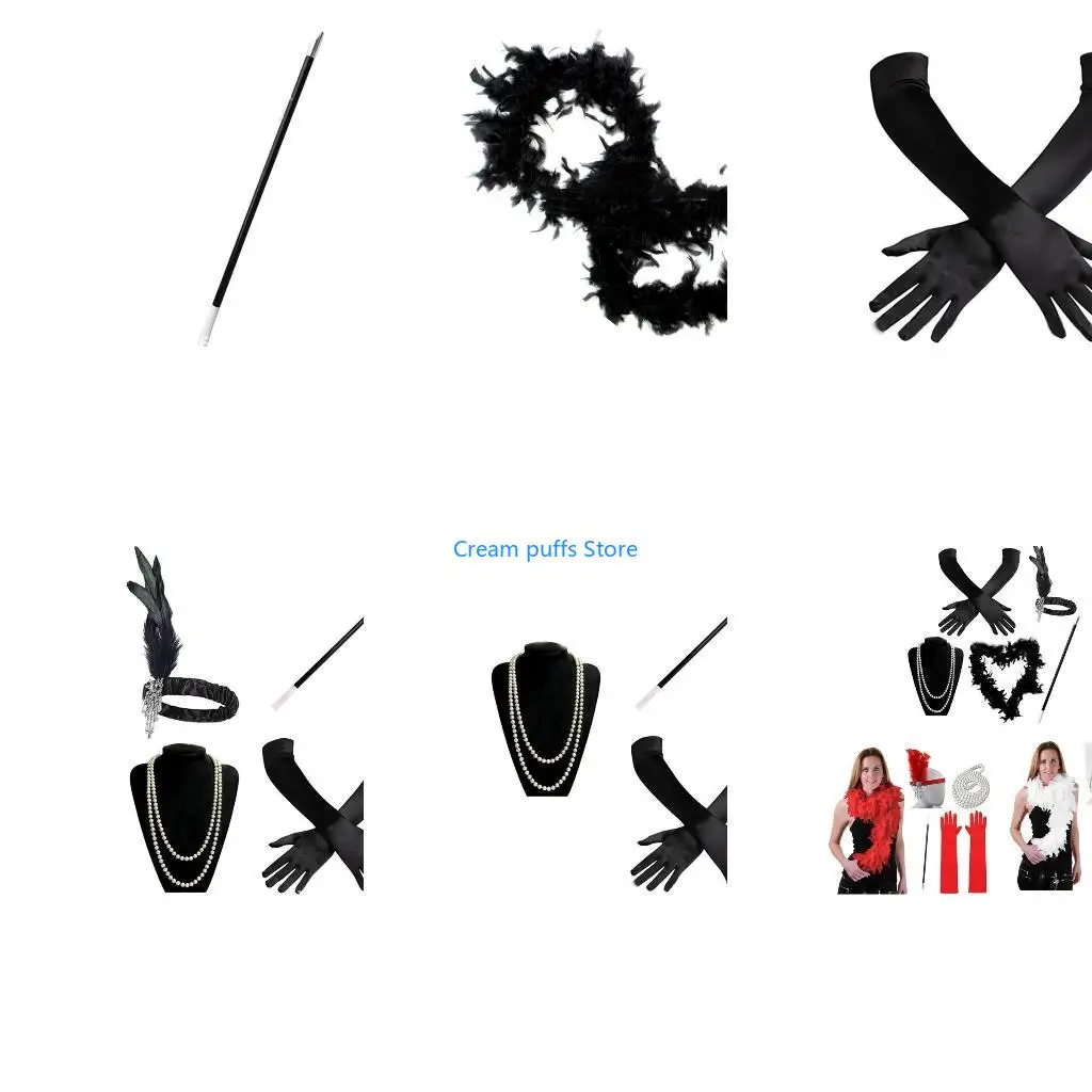 50LE 1920s Flapper Gatsby-Party Costume Accessories Women Headpiece Necklace Gloves