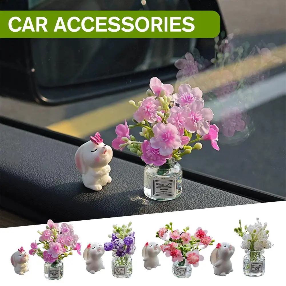 

Car Center Console Decoration Rabbit And Baby's Breath Ornaments Microscopic Car Decoration Gift Decoration Vase R8A7
