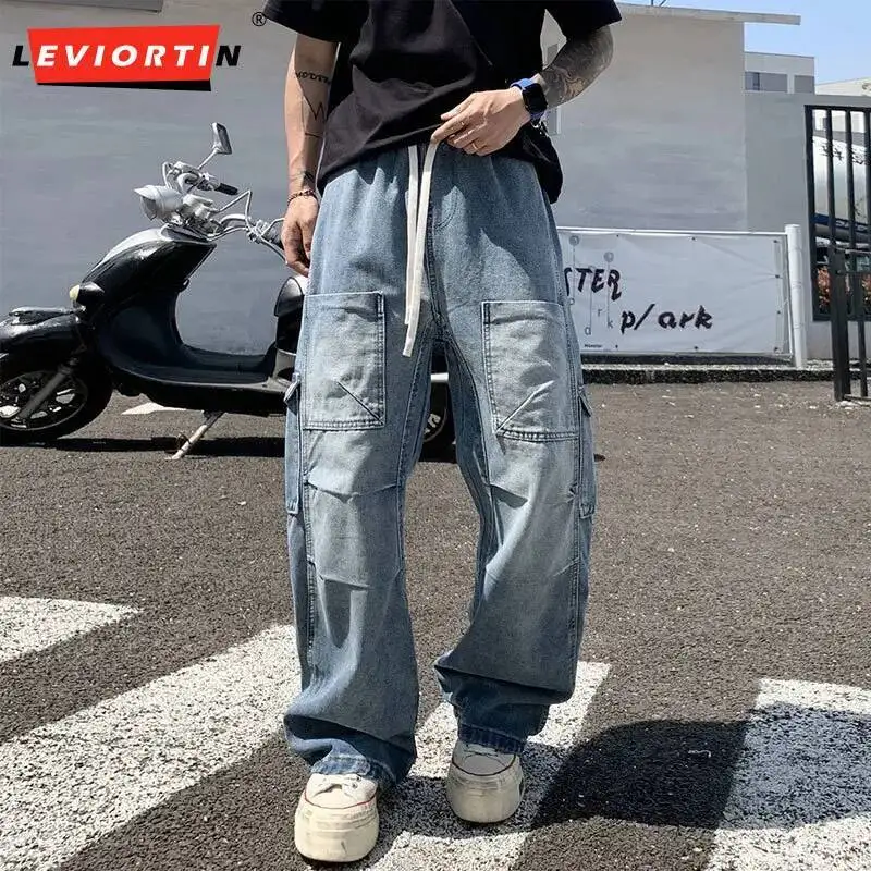 

Men's Loose Baggy Cargo Jeans Pants Hip Hop Man Straight Blue Wash Drawstring Workwear Denim Trousers Autumn Y2K Streetwear