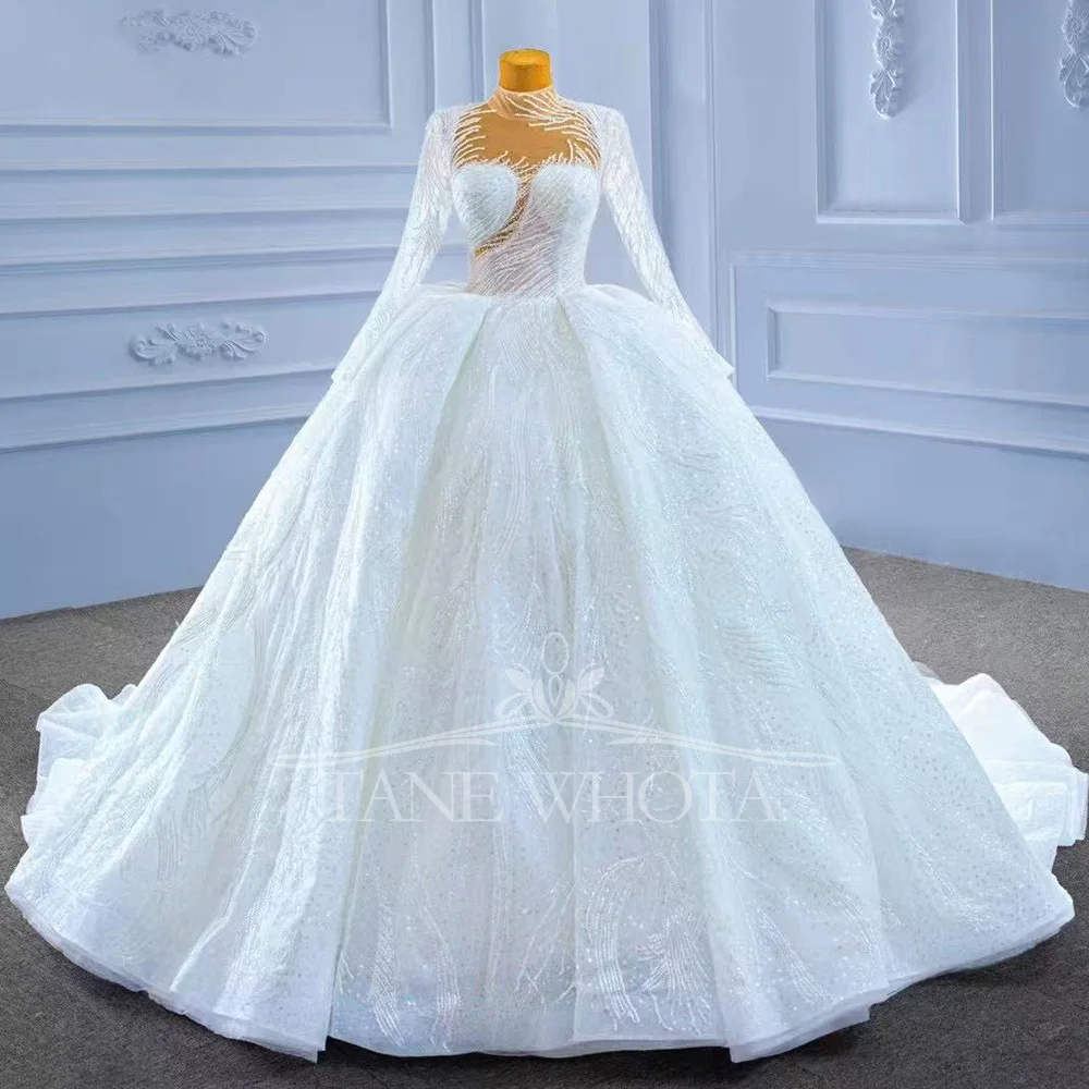 

Suknia Slubna High Long Sleeve Lace Up Back Crystal Sequined Embroidery Customized Wedding Dress Luxury