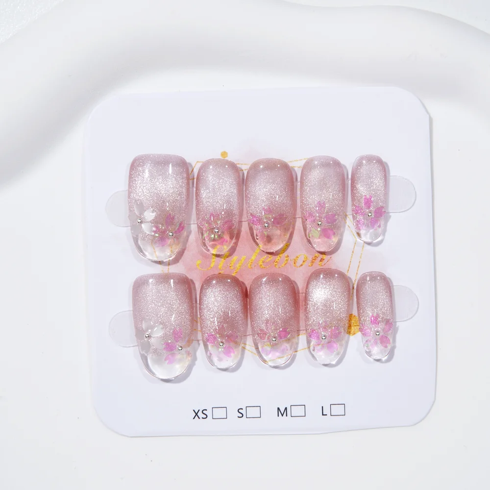 

10Pcs Handmade Press on Nails Aurora Cherry Blossom Cat's Eye Full Coverage Nail Pieces Detachable Wearable Nail for Women&Girl