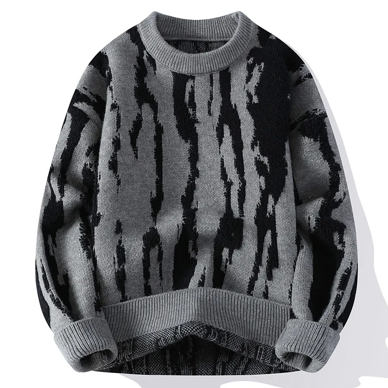 Men's Warm Jacquard Pattern Sweaters Vintage Loose Color-Blocking Knit Sweater Winter Thickened Bottoming Crew Neck Pullovers