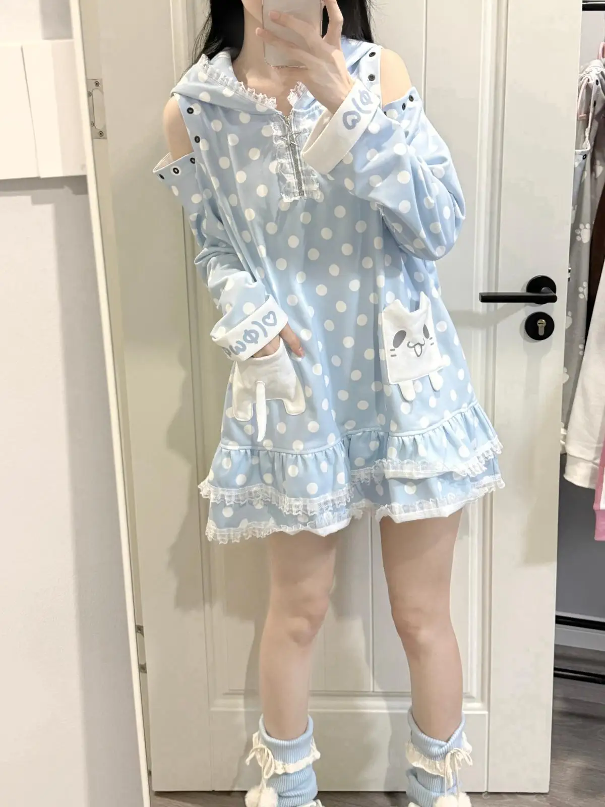 Polka Dot Hooded Dress Y2k Off Shoulder Cute Long Sleeve A Line Short Dress Girls Lace Patchwork Cartoon Japanese Style