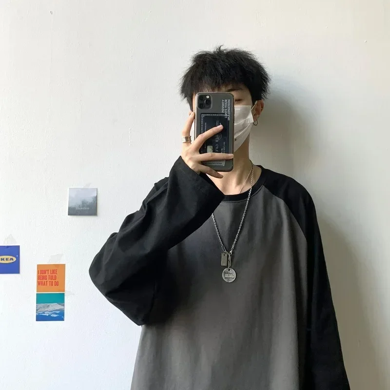 

Oversized T-shirt Round Collar Contrast Color Long Sleeve Tops Women Spring Patchwork Kawaii T Shirts Unisex Streetwear