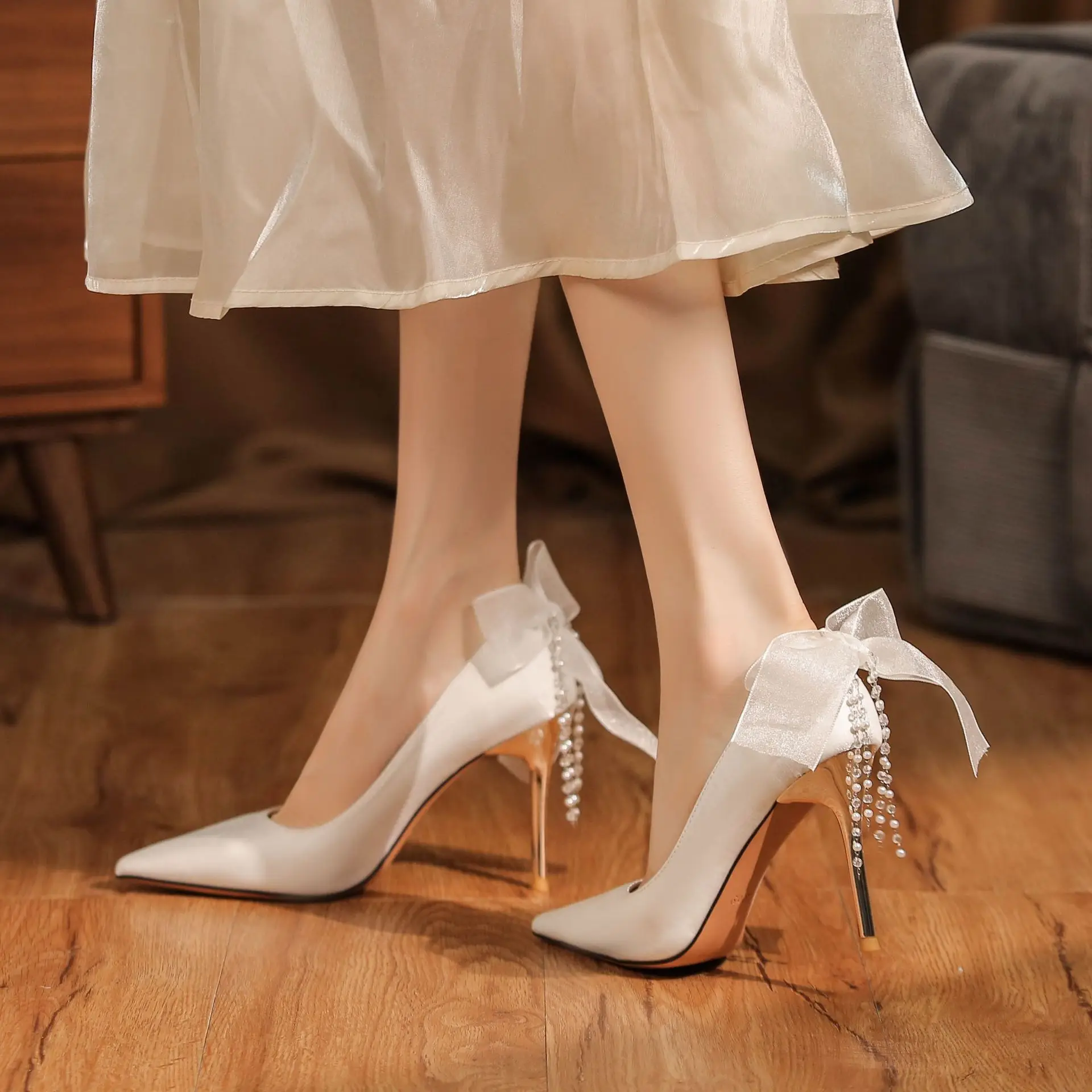 

Size 34-40 Bow Stiletto Heel White High Heels Wedding Shoes Women Thin Heel Point Toe Banquet Daily Dress Shoes