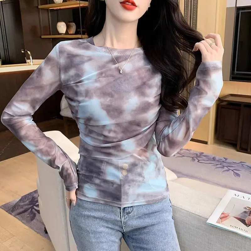 Women\'s Clothing Round Neck Pullover Long Sleeve Tie Dye Contrast Color T-shirt Casual Elegant Comfortable Spring Autumn Tops