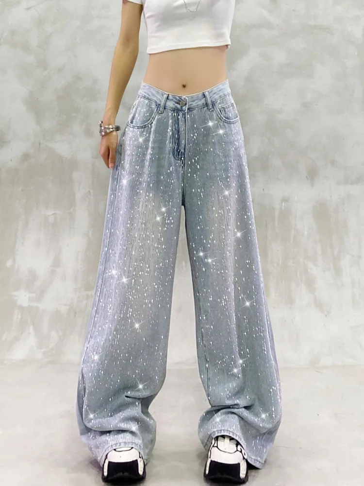 الرجعية الماس تصميم الجينز الساخن فتاة واسعة الساق عالية الخصر السراويل الطويلة الصيف أزياء جان كول لامعة حجر الراين ثنيات جينز غير رسمي #3