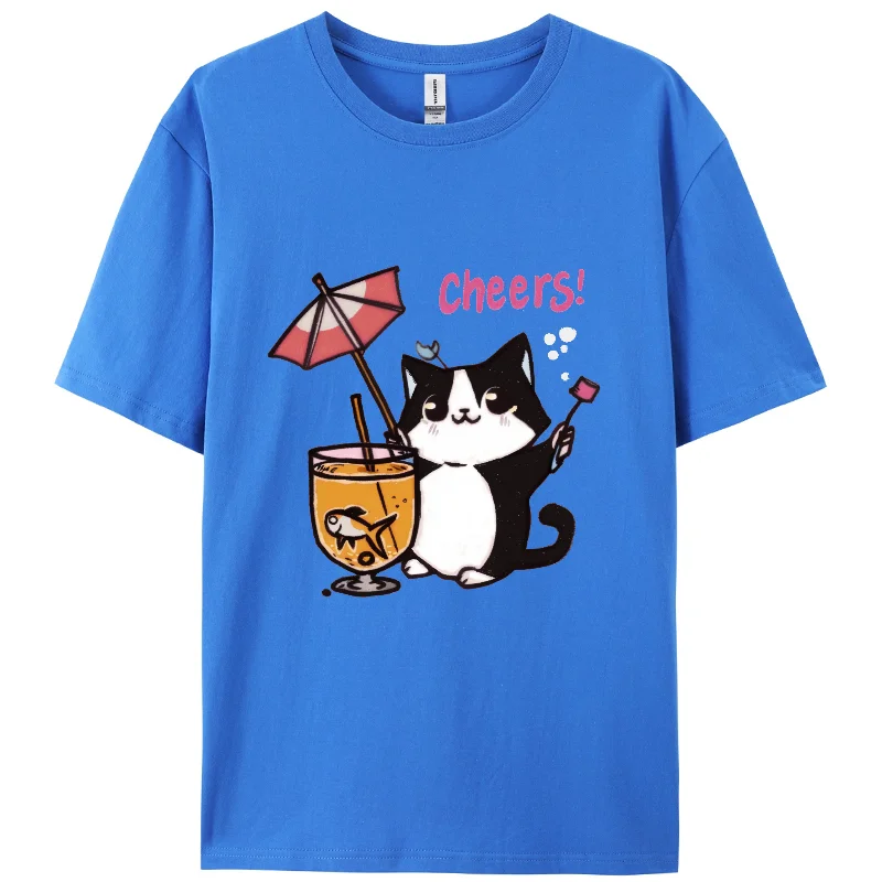 New Women's Cotton T-Shirt Women's Clothing Sales 2024 Oversize White Cat Monogram Print Loose Top Y2K Casual Cute Short Sleeve