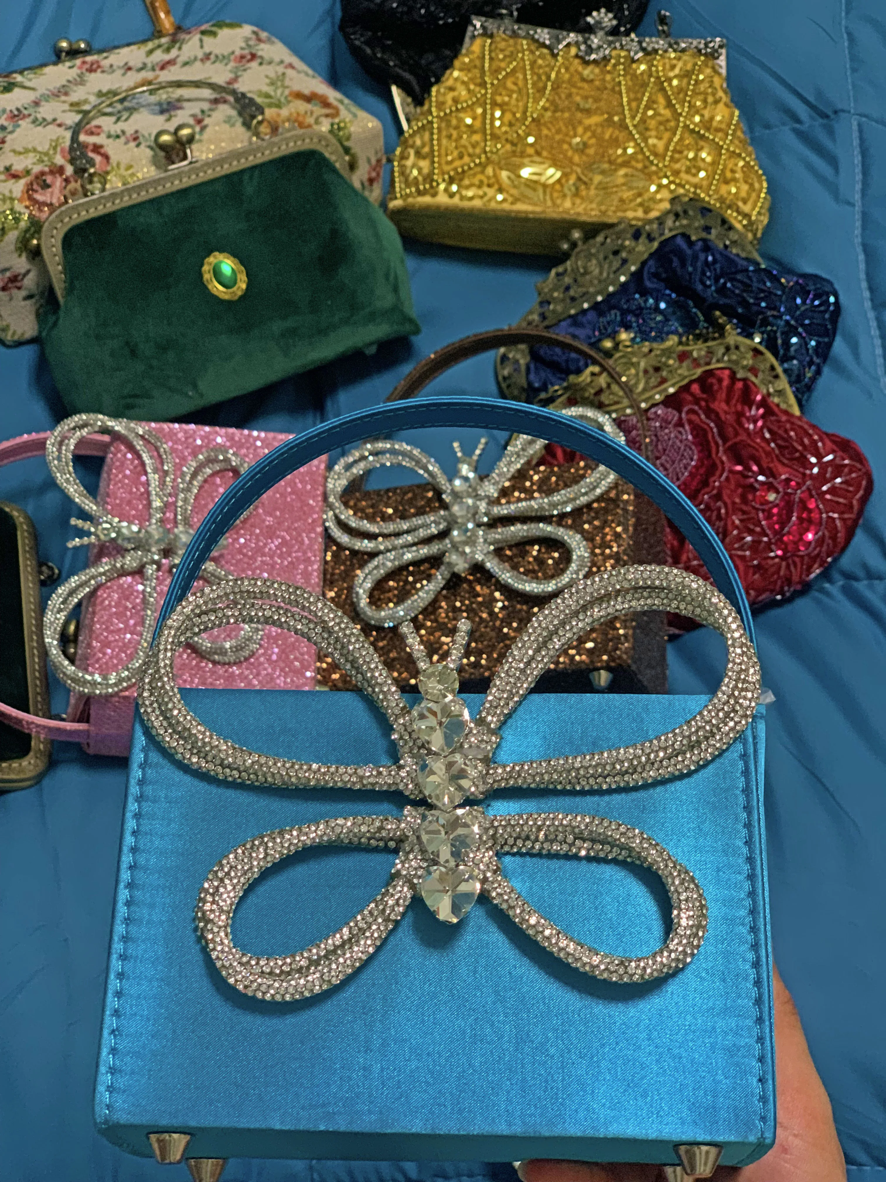 Lost in Vintage Minimalist Butterfly Bag with Glitter Rhinestone Aqua Blue Satin Surface Crystal Rope Stones Brass Plat Purse