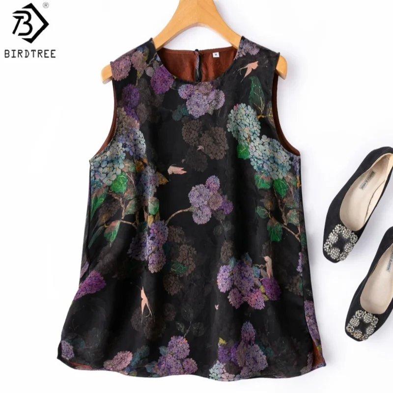 

Birdtree, 100% Real Silk Jacquard Tank Top, O-neck Sleeveless Vest, Women Floral Luo Xiangyunsha Tops, 2026 Summer New T66201JF