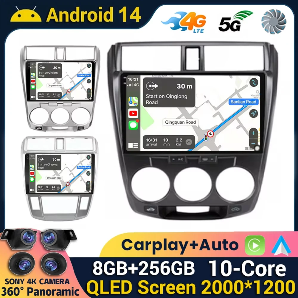 Android 14 WIFI+4G 360 Camera For Honda City 2008 2009 2010 2011 2012 - 2016 Car Radio Stereo Auto GPS Multimedia Player Carplay