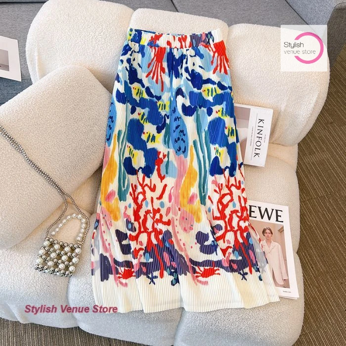 Japanese Miyake pleated high waist new summer skirt women's spring and autumn high-grade printing slim casual pleated skirt