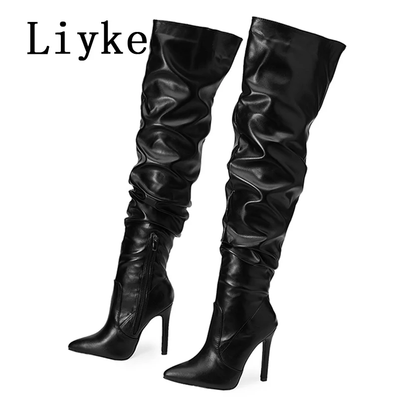 Liyke 2024 New Fashion Design Pleated Leather Over The Knee Boots Women Sexy Pointed Toe Stripper Heels Zip Long Shoes Size 42