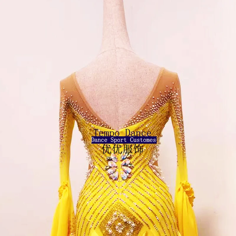 Standard Dance Dress Ballroom Dance Dress Women Ballroom Competition Costume Lycra Waltz Stage Costume Orange Long Sleeves