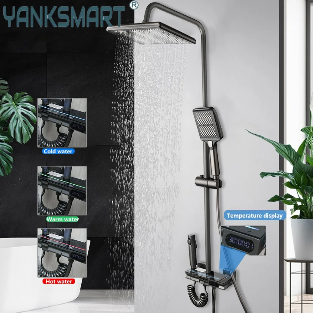 

YANKSMART Gun Grey Bathroom Shower Faucet Set Digital Display Wall Mounted 4-way Rainfall Showers System Mixer Chuveiro Banheiro