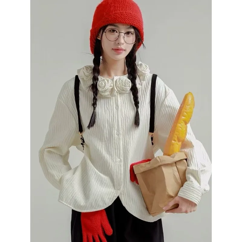 Heavy Industry Handmade Rose Design Sense White Shirt Women's Loose Niche Shirt Long Sleeve Top Three-dimensional Decoration