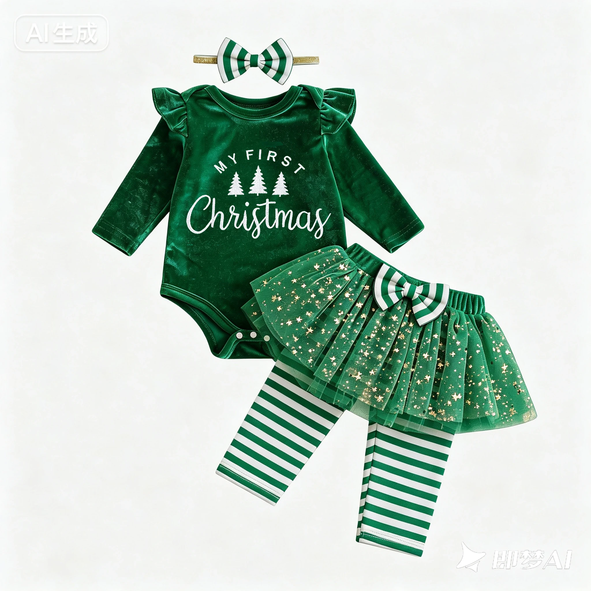 Baby Girl Christmas Outfit Velvet Romper Tulle Skirted Pants &Bow Headband