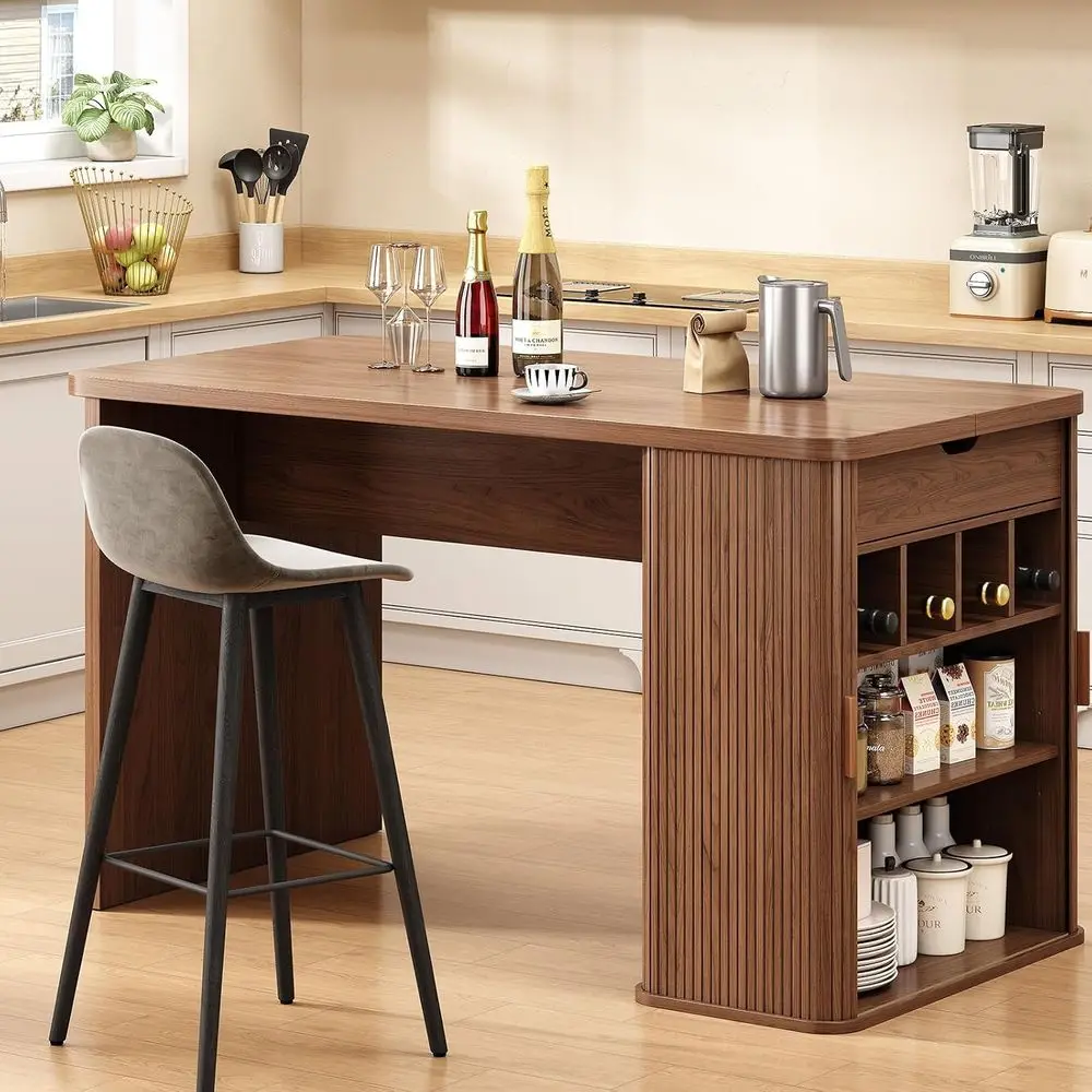 61 Inch Kitchen Island with Storage, luted Counter Height Table, -Century ern Kitchen Island Table with Sliding Door, Home Bar T