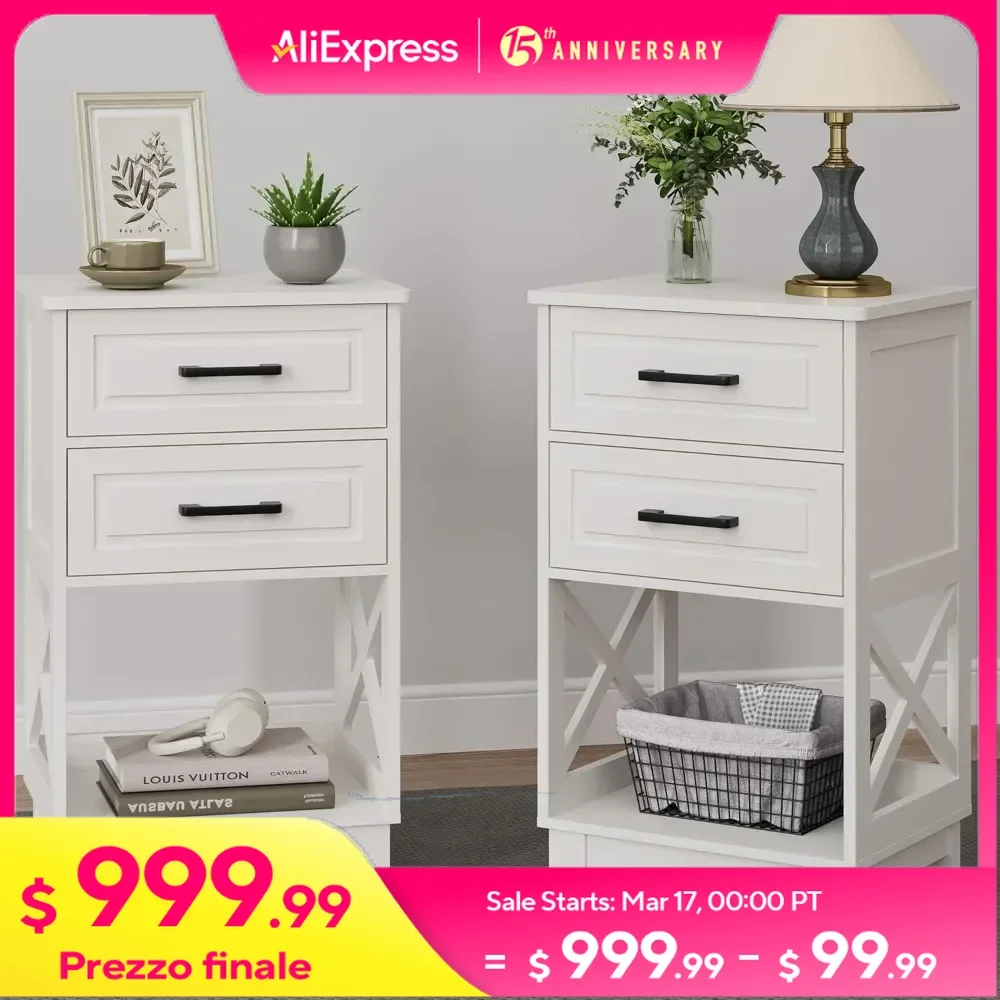 Tall Nightstands Set of 2 with 2 Drawers and Open Shelf Below Bedside Table with Solid Feet Modern NightStand for Bedroom