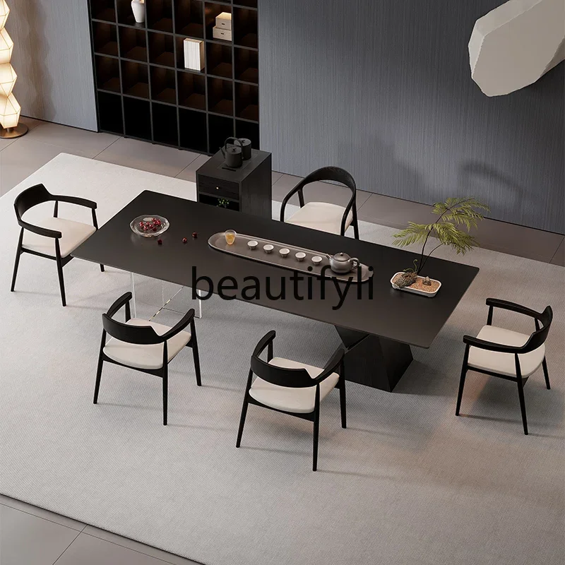 

Solid wood rock slab tea table and chair combination light luxury high-end tea table living room home office