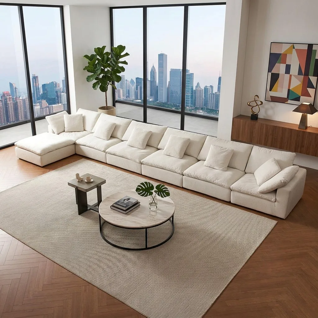 High Aesthetic Eco-Friendly L Shape Modular Cloud Sofa with Vacuum Compressed Sponge for Living Room Apartment Villa Furniture
