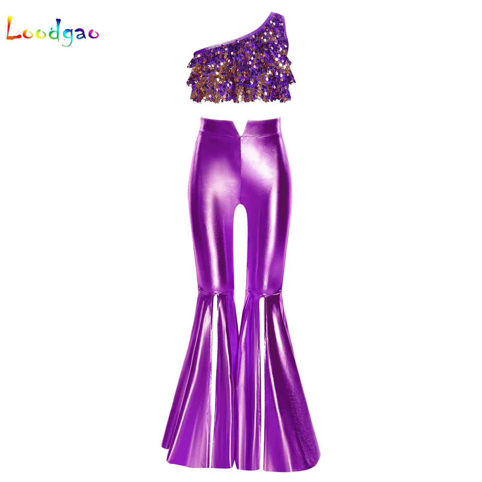 

Girls Sequins Hippie Costume Disco Jazz Latin Dance Outfits Crop Top with Metallic Pants Set for Salsa Samba Rumba Cheerleading