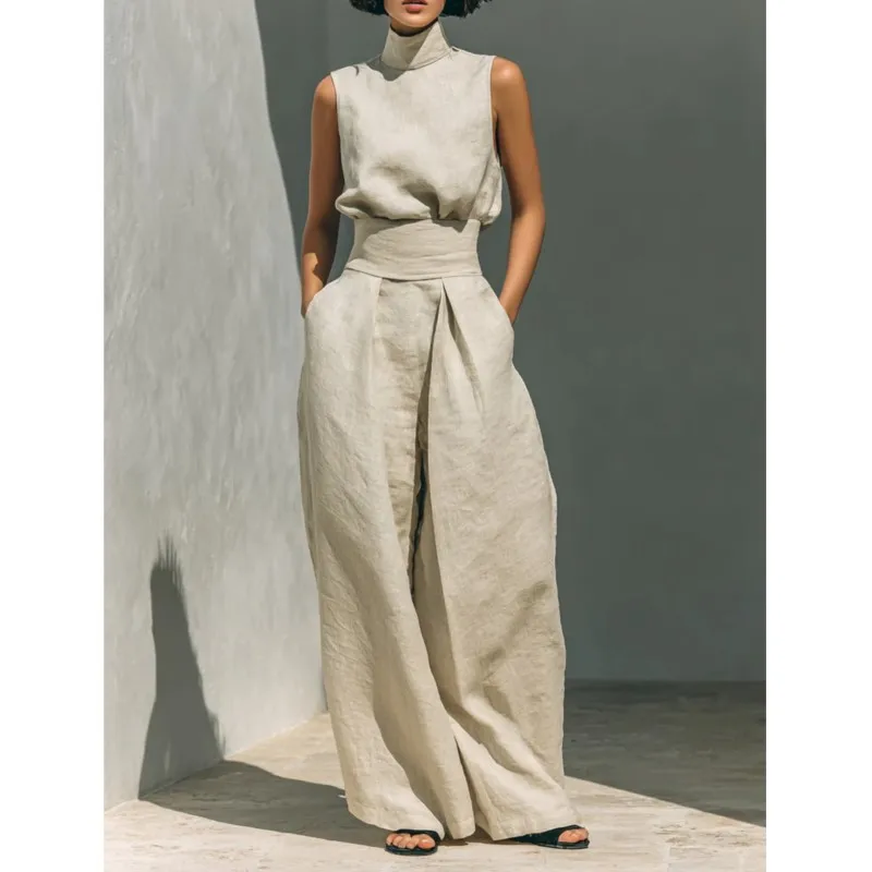 Elegant Women's Sleeveless Top+high Waisted Wide Leg Pants Set Fashion Solid Stand Up Collar Top Two-piece Ladies Office Outfit