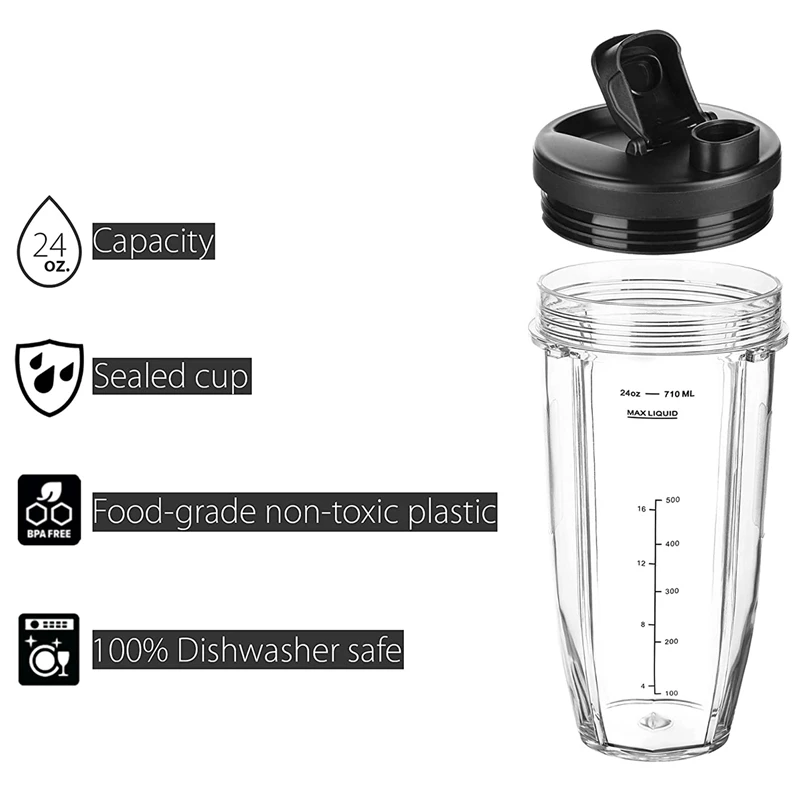 Replacement 7-Fins Blade&24 Oz Cup With Sip And Seal Compatible For Nutri Ninja Auto IQ Blenders:BL682-30 BL642-30 Ect