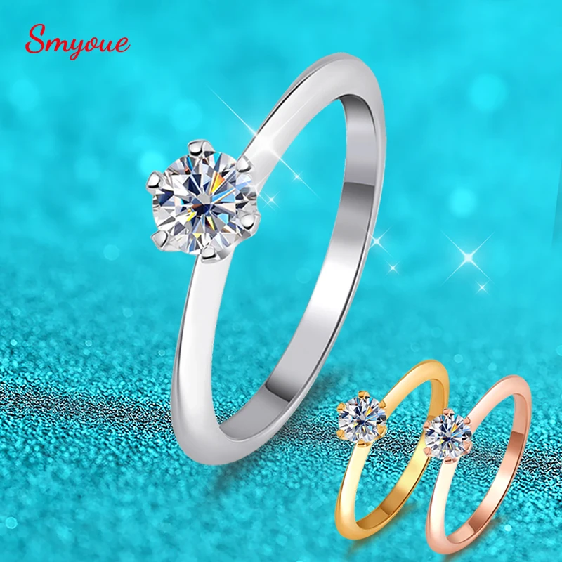 Smyoue 0.5CT D Color Moissanite Diamond Ring for Women Round Brilliant Cut Sparkling Wedding Solitaire Band 925 Sterling Silver