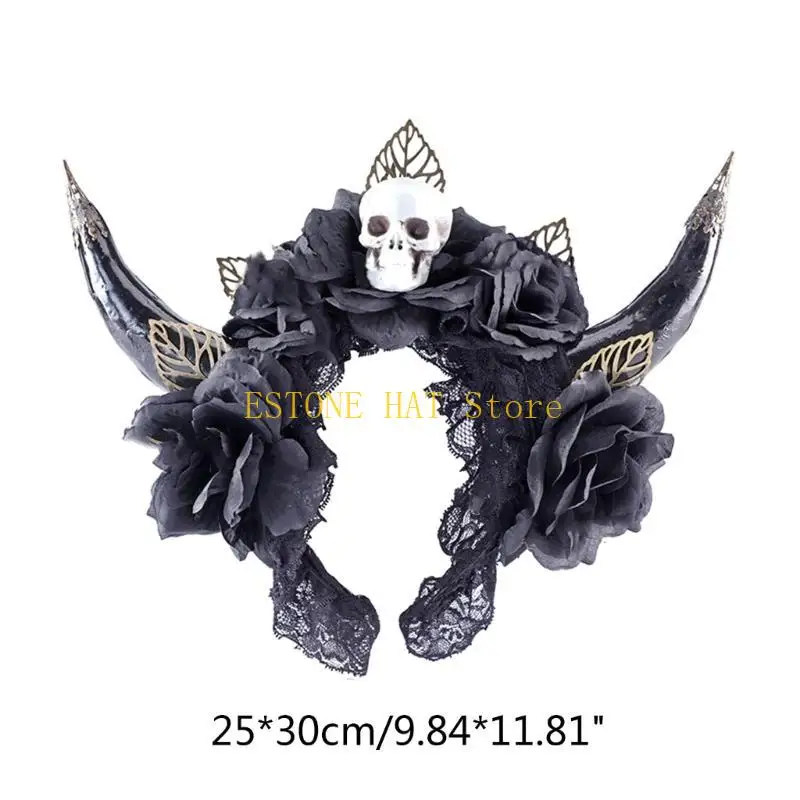 49MF Cerchietto per capelli con corno pecora e teschio Halloween Cerchietto per capelli della Regina cattiva Costume per