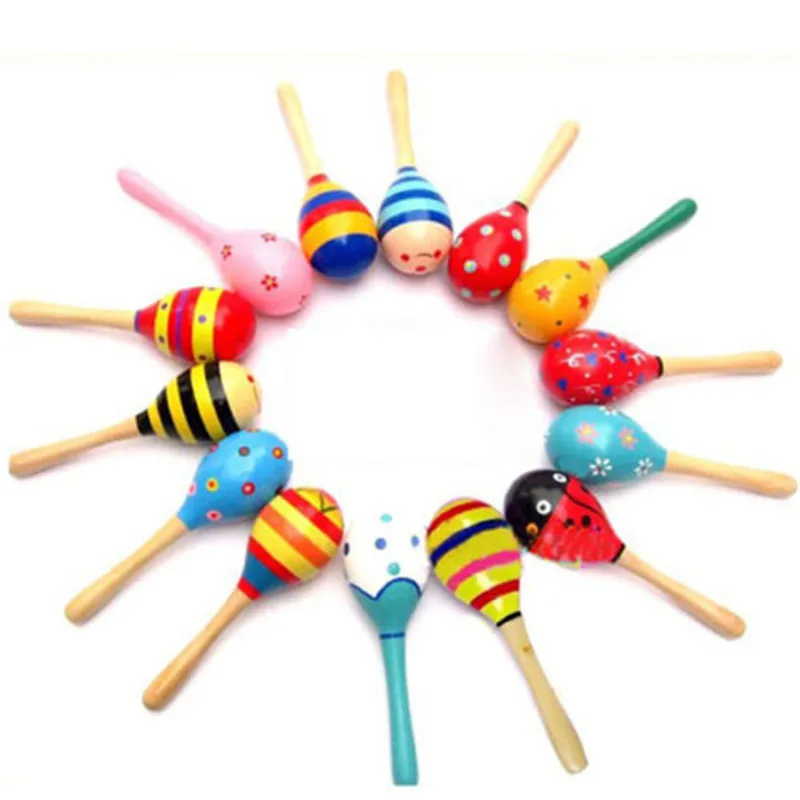 Wooden Maraca Rattles Shaker Percussion Kids Holds Musical Toy Cartoon Sand Ball Wooden Sand Hammer Auditory Ringing Exercise