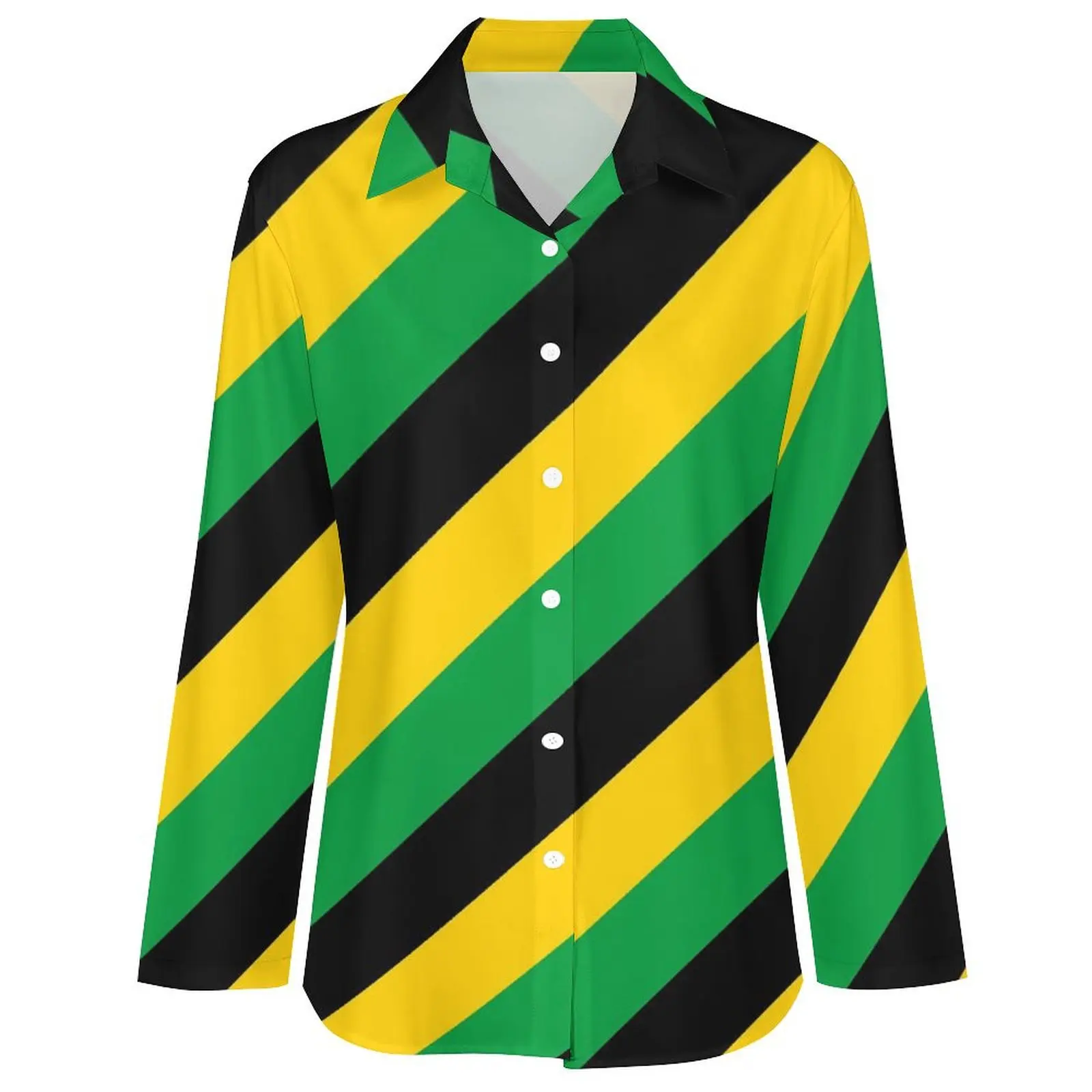 Jamaica Flag Colors Casual Blouse Long-Sleeve Diagonal Striped Office Work Blouses Woman Street Fashion Oversized Shirt Top