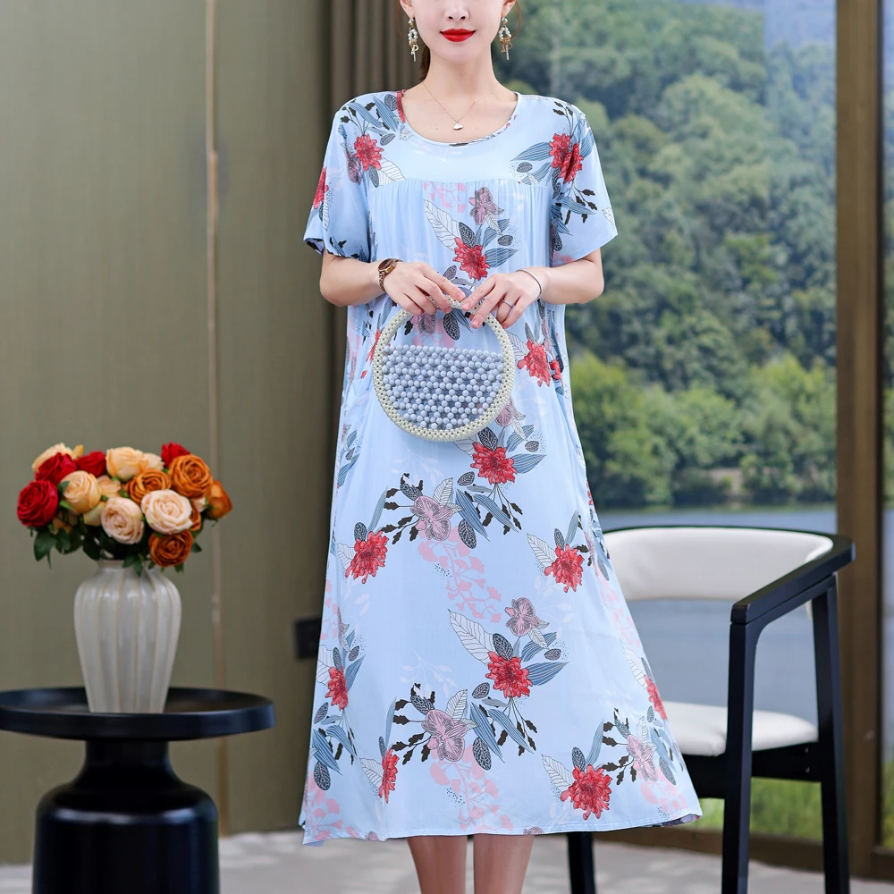 

New Fashion 2024 Summer Dresses For Women Vintage Casual Short Sleeve O-Neck Printing Loose Floral Dress Women Clothes