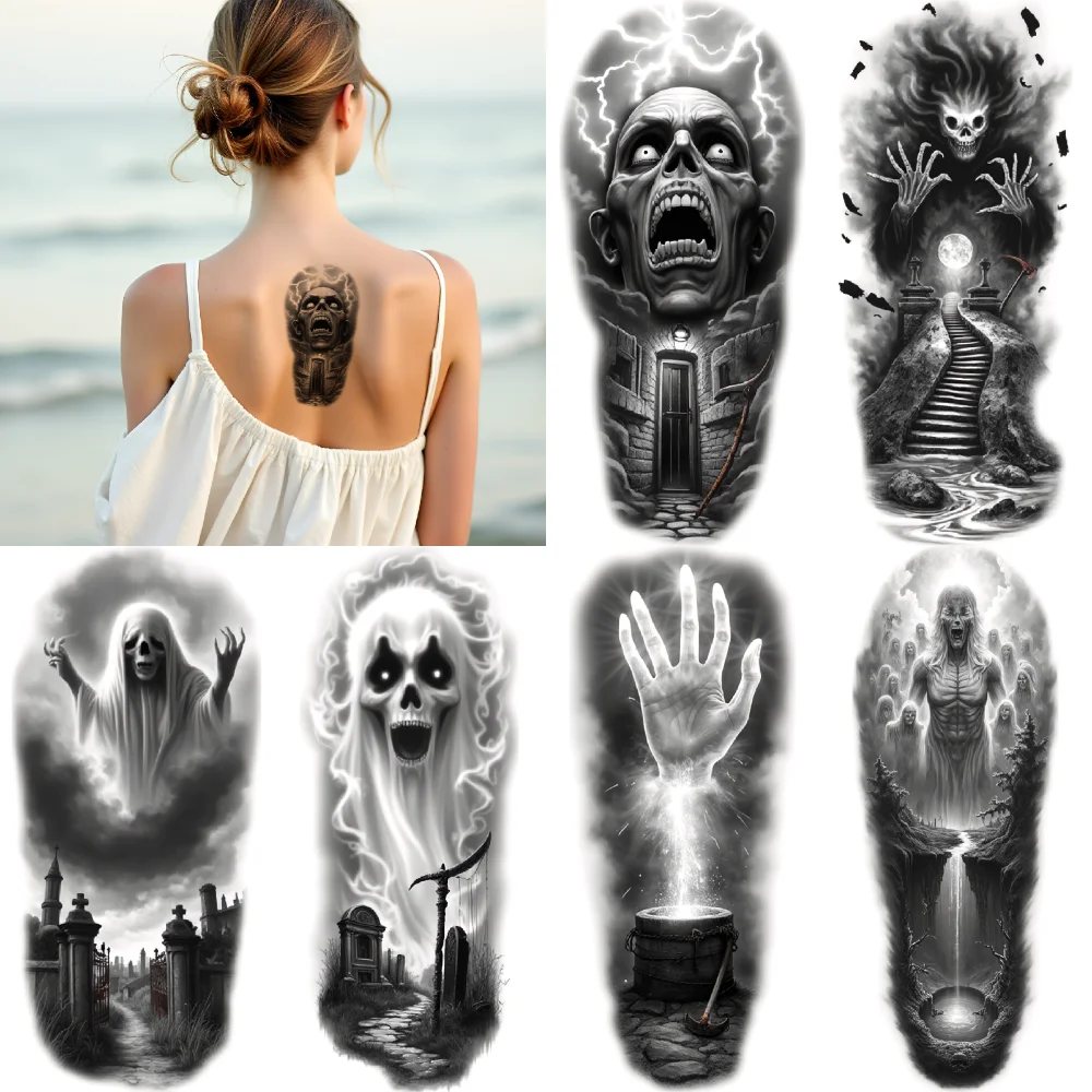 

3pcs Temporary Tattoo Black And Grey Realism Haunted House Grim Reaper Ghostly Figure For Men Thighs Arms