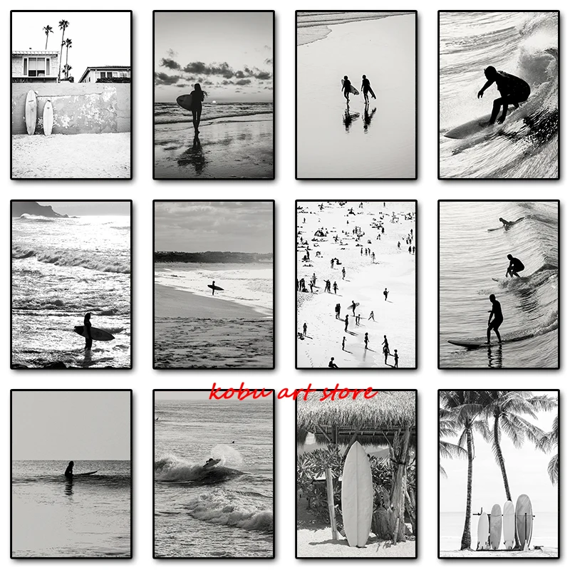 Sea Beach Surfing Black and White Surfer Posters and Prints Surfboard Surf Canvas Painting Wall Art Picture for Room Home Decor