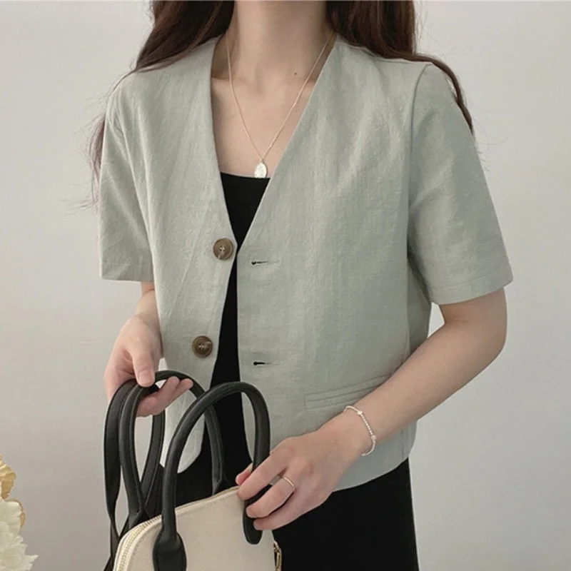 

Korean Fashion V-neck Cotton and Linen Casual Short Sleeve Two Button Suit Jacket Women's Summer New Full Set Cardigan Top