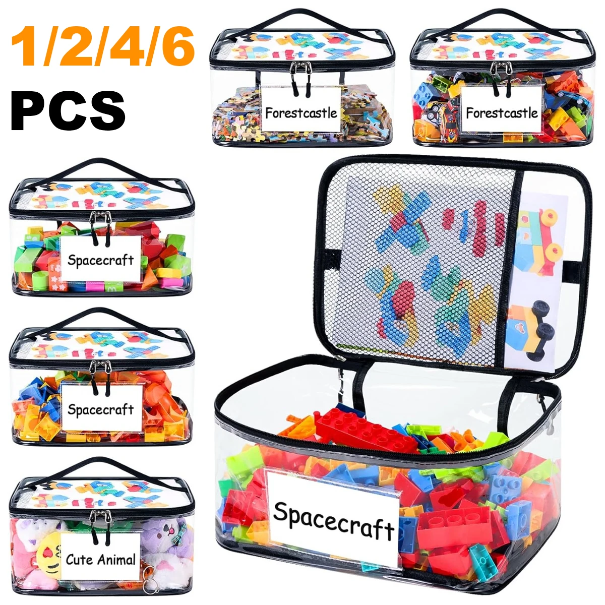 Durchsichtige Spielzeug-Aufbewahrungstasche mit Etikettentasche, großes Fassungsvermögen, transparenter PVC-Reißverschluss, Spielzeug-Organizer für Bausteine, Puzzles