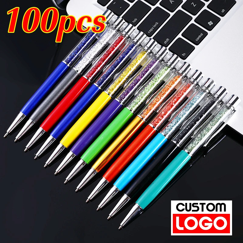 

100pcs/Lot Crystal Metal Advertising Ballpoint Pen Writing Stationery Office School Ballpen Custom Logo Engraved Name Wholesale