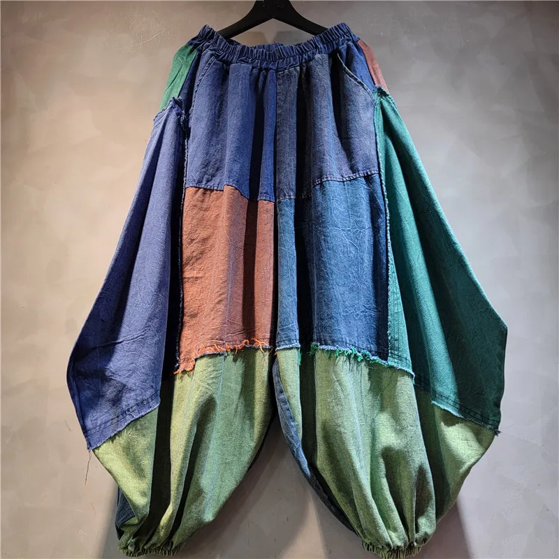 

SuperAen New Design Fashion Contrasting Color Splicing Old Denim Wide-leg Bloomers Women's 2025 Spring and Autumn New Pants