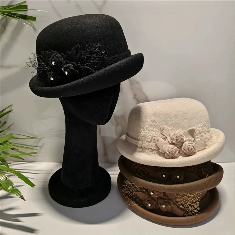 Vintage Handcrafted Wool Flower Pot Hat, Pure Wool Bowler Hat, Elegant Rolled-Brim Beret, British-Style Beret