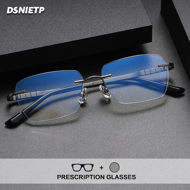 

Titanium Rimless Reading Glasses Men Square Anti Blue Light Photochromic Frameless Glasses Frame Prescription Multifocal Eyewear