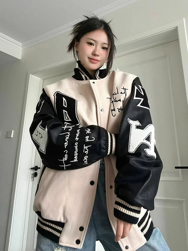 Jaet de Baseball rétro américain pour femmes, automne hiver, en cuir PU, coupe ample, Patchwork, haut Cleanfit, vêtements d'extérieur pour Couples