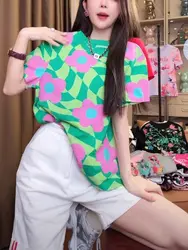 New Chinese Heavy Industry Flower Printed Shoulder Short sleeved T-shirt 2024 Summer New Trendy Fashion Top