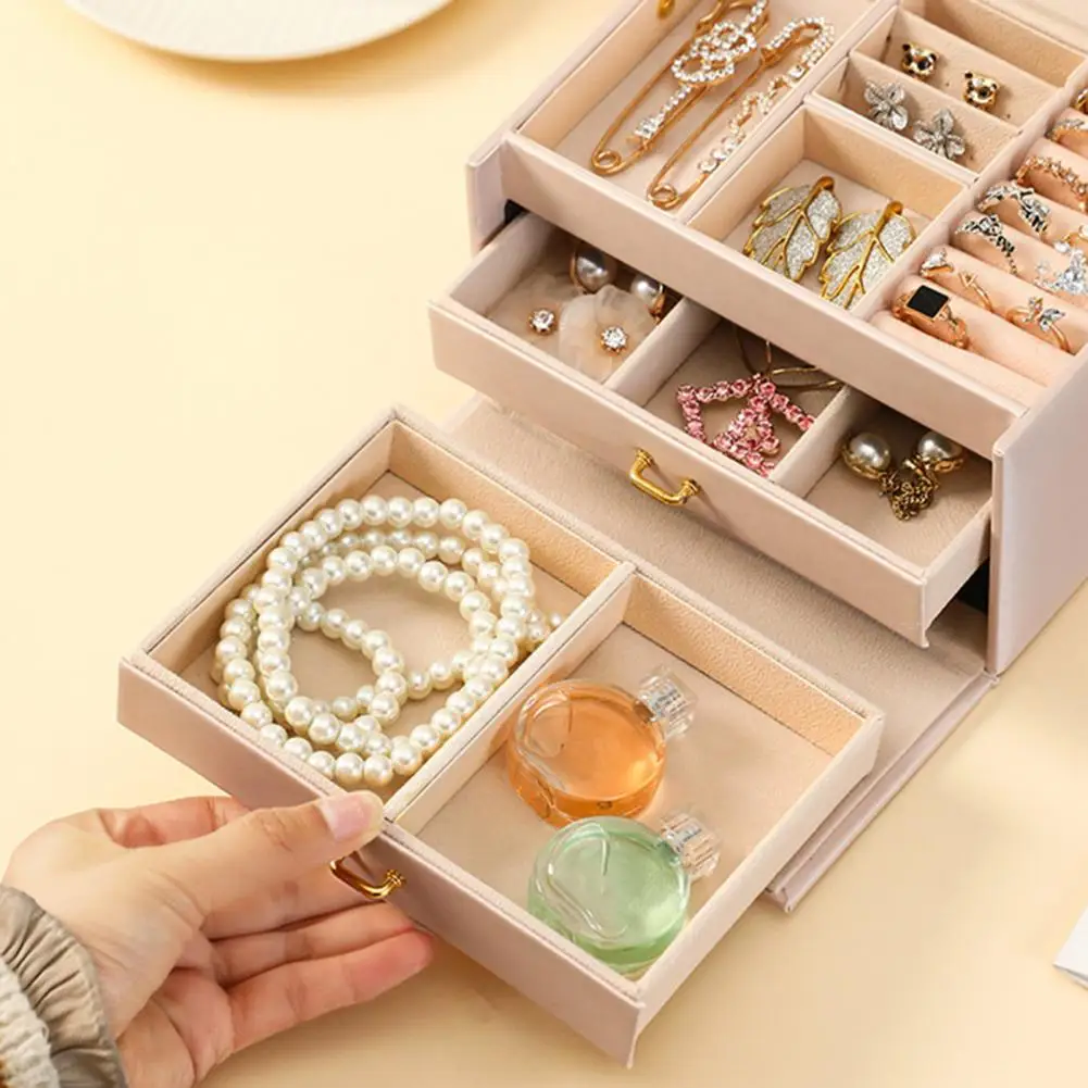 Jewelry Box Detachable Baffle Three Layers Jewelry Case Removable Drawer Non-slip Handle Jewelry Holder Jewelry Organizer