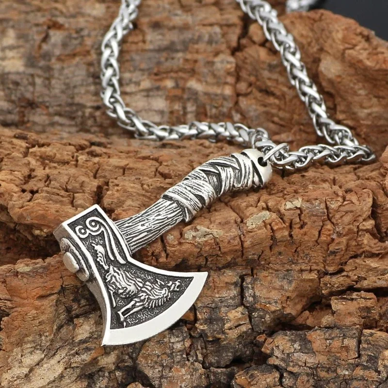 Men's Viking Celtic Wolf Crow Axe Pendant Odin Symbol Scandinavian Rune Necklace Charm Male Nordic Amulet Jewelry